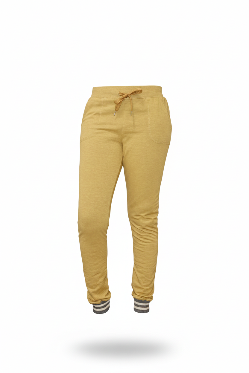 Mustard yellow jogger pants on a white background