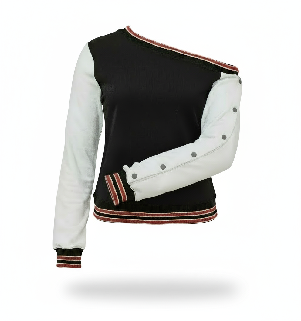 Black and white long-sleeve shirt with red and black trim on a white background